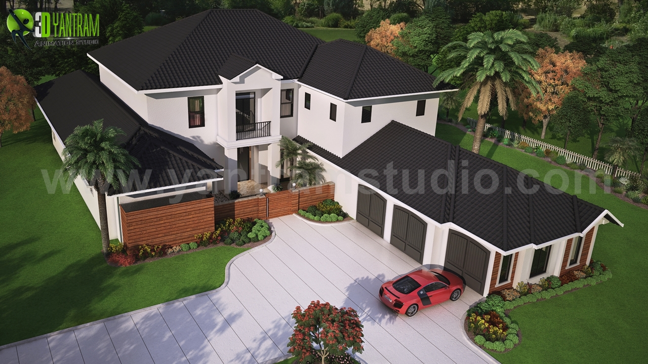 3d-exterior-design-roof-ideas-with-modern-house-architectural-rendering-design.jpg - Awesome Home 3D Exterior Rendering with White exterior and brown metal roof modern luxury house and front beautiful door, blank house, estate, driveway, estate, facade, front garage, garden, grass, tress, spaces balcony, window, home, ornamental door, lif by Yantramarchitecturaldesignstudio