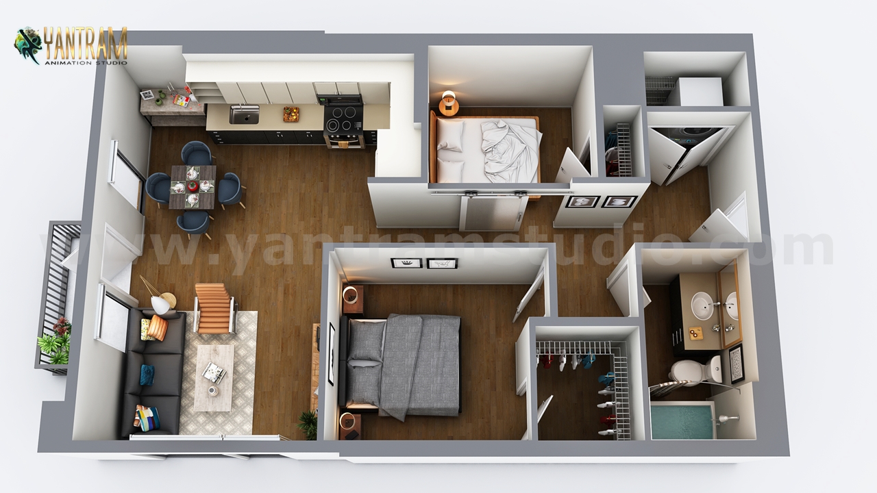 Two Bedroom Residential House  3D Virtual Floor Plan Design by Architectural Rendering Companies, Vegas - USA.jpg -  by Yantramarchitecturaldesignstudio