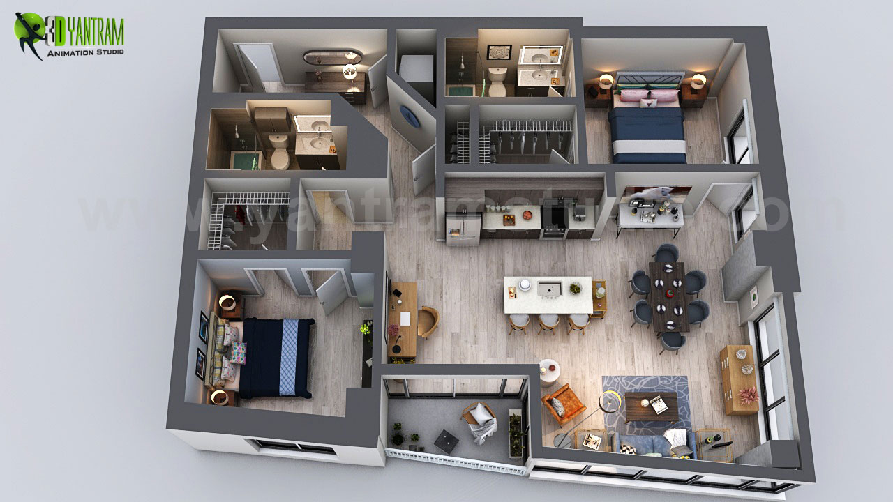 residential-apartment-3d-floor-plan-rendering-ideas-bedroom-bathroom-kitchen-unit-tower-design.jpg - Unique Residential Apartment 3D Floor Plan Rendering, Modern Bedroom with Wooden Furniture & pendant Light, Current Trending Living Room with Study & Dining table looking Fabulous - Ideas by Yantram 3D Floor Plan, San Diego - USA by Yantramarchitecturaldesignstudio