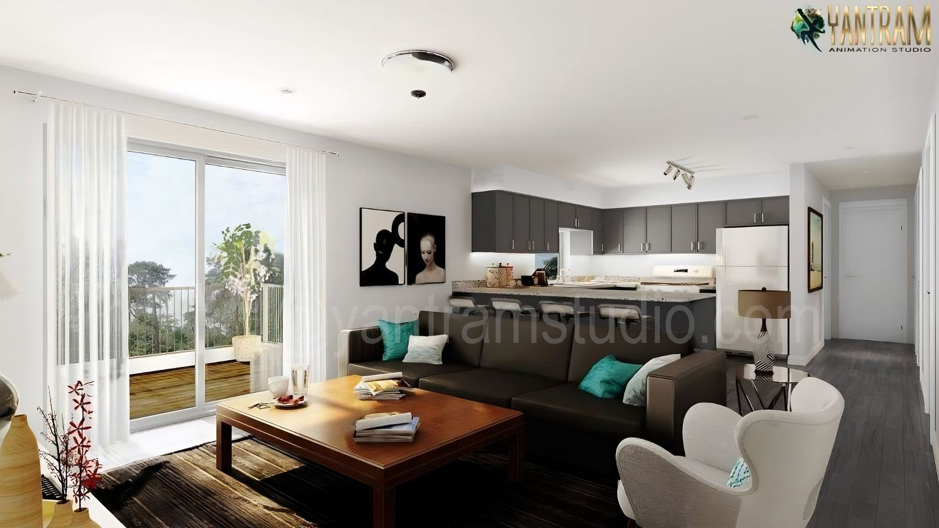 Yantram-Architectural-Design-Studio-living-room-with-kitchen.jpg -  by Yantramarchitecturaldesignstudio