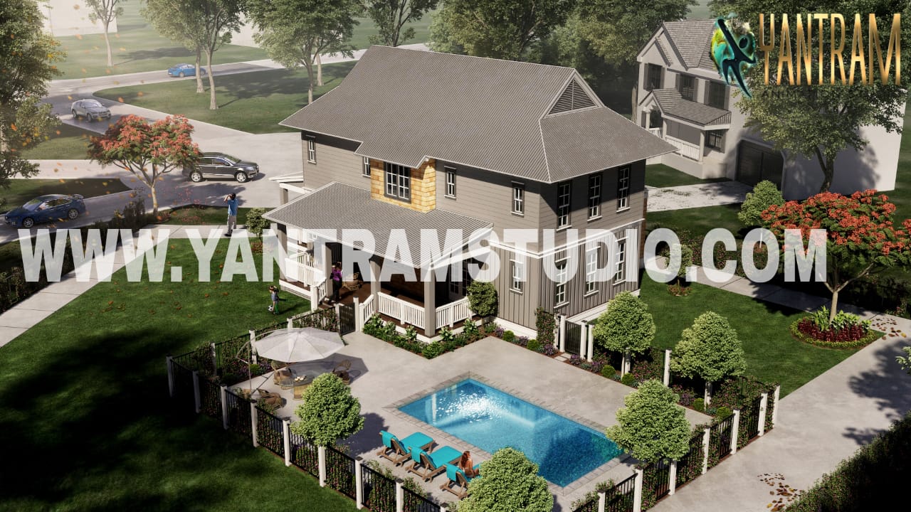 exterior rendering service of bungalow with pool area.jpeg -  by Yantramarchitecturaldesignstudio