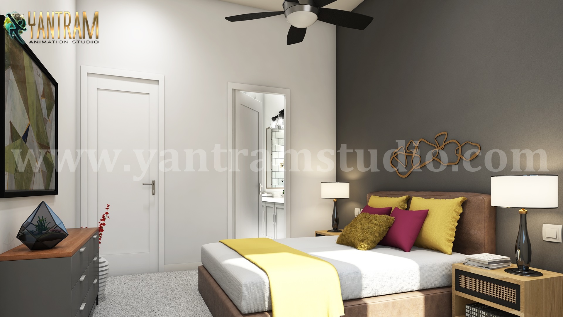 Contemporary Master Bedroom 3d interior rendering services by 3d architectural visualization.jpg -  by Yantramarchitecturaldesignstudio
