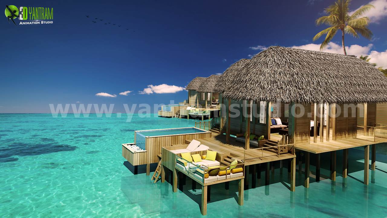 3D Beautiful Beach Water House Design Ideas by Yantram architectural visualization Boston - It covers 3 cottages in perspective view with background of Designed palm trees is main beauty of the render and most important day lighting with sunshine. One of the important project by 3D Yantram Architectural Visualization Firms. by Yantramarchitecturaldesignstudio
