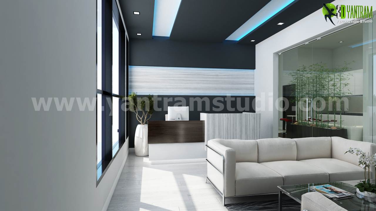 Office 3D Interior Rendering Modern Reception Area Design Ideas.jpg -  by Yantramarchitecturaldesignstudio