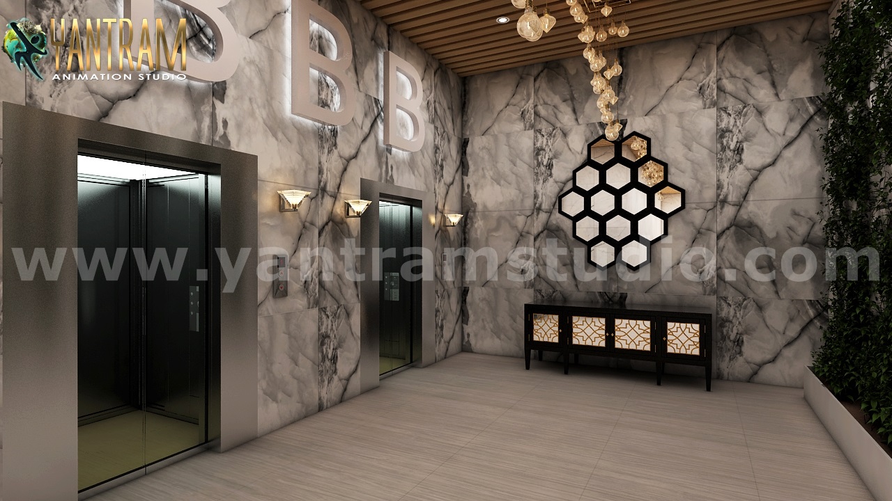 White_marble_modern_elevator_interior_exterior_panoramic_lobby.jpg -  by Yantramarchitecturaldesignstudio