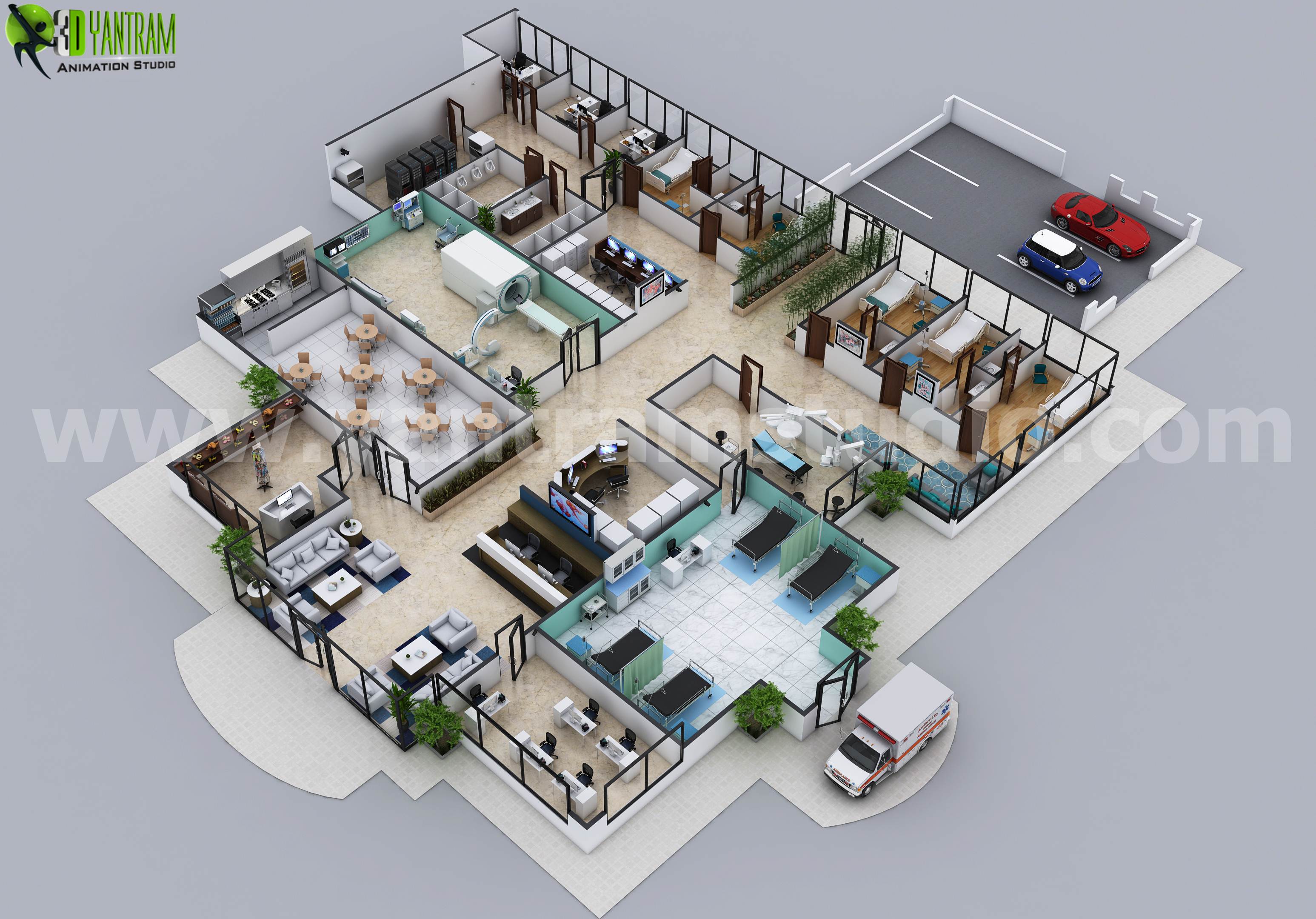 3D Hospital Floor Plan Layout Design by Yantram 3d floor plan software Chicago, USA - Hospital Floor plan is one of our concept design where we had developed everything which a multi specialist hospital needs, every area developed according to size and facility needs.  by Yantramarchitecturaldesignstudio