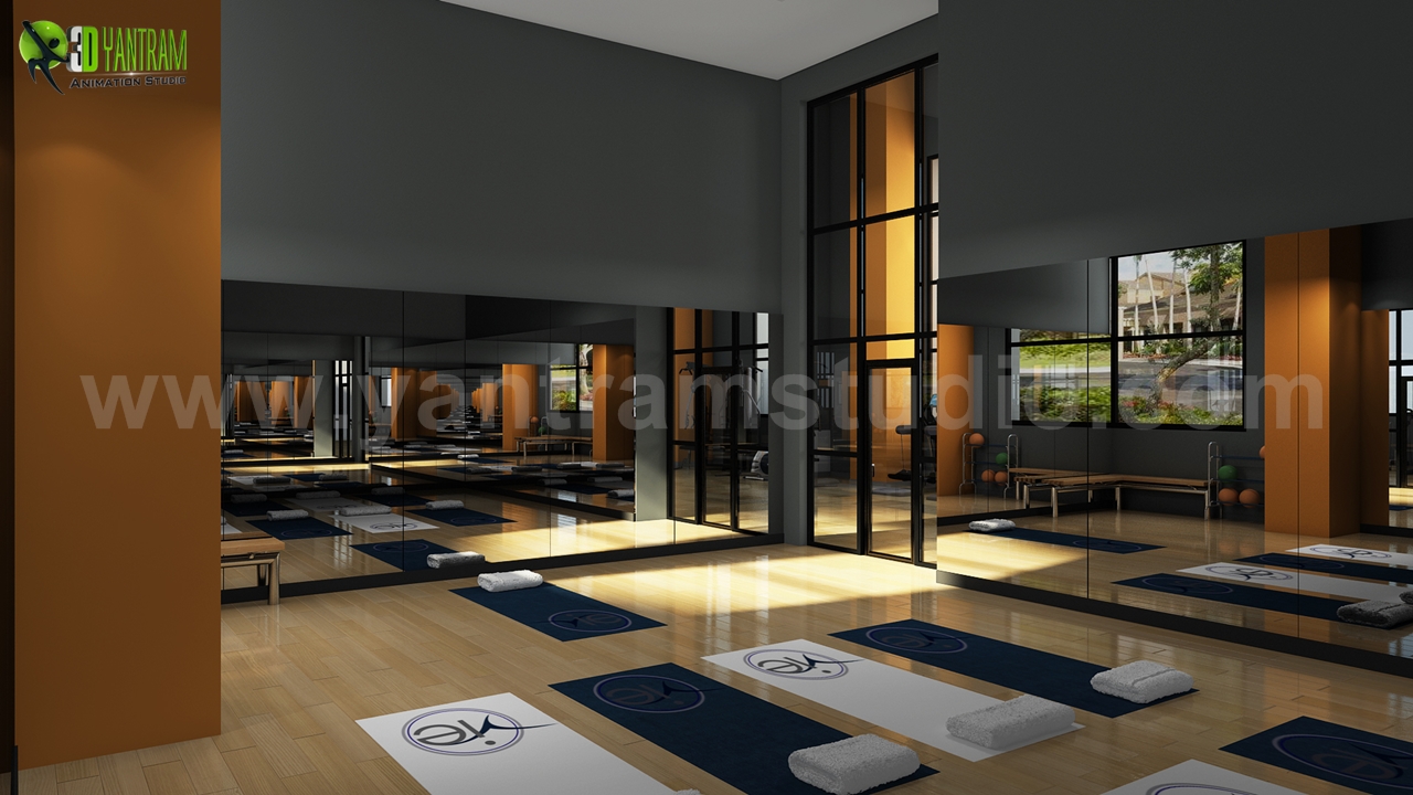 Group Fitness Gym Wood Floor Rendering Design Ideas - Wood floor finishes create lasting beauty and require minimal care with today's modern technology in wood floor finish products. The right finish protects wood flooring from wear, dirt and moisture while giving the wood an attractive color and sheen.  by Yantramarchitecturaldesignstudio