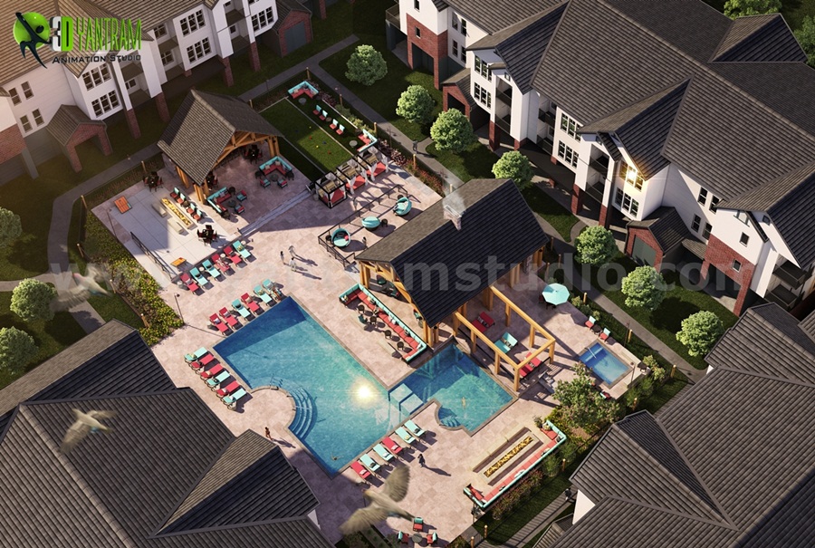 Birds Eye View Modern Pool Design Rendering Ideas Rome - An Unique design of common area/courtyard of community with modern furniture, fireplace, natural landscape/lighting and modern buildings makes view perfect. by Yantramarchitecturaldesignstudio