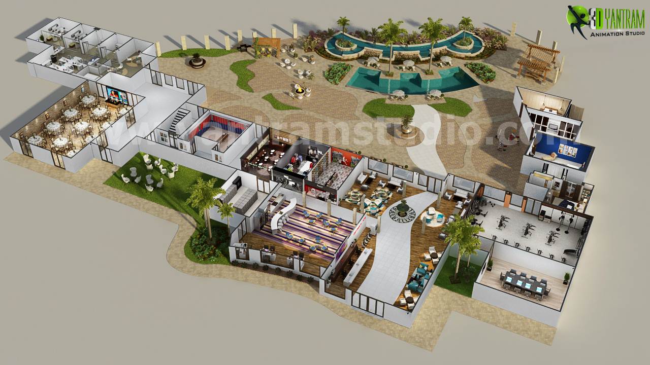 Conceptual Resort Floorplan Design Ideas Dubai - We work to combine just the right mix of relaxation and adventure. Popular area attractions to visit include Pool Design with Palm Trees and the Interior area like Food Court, Bar Area etc.  by Yantramarchitecturaldesignstudio