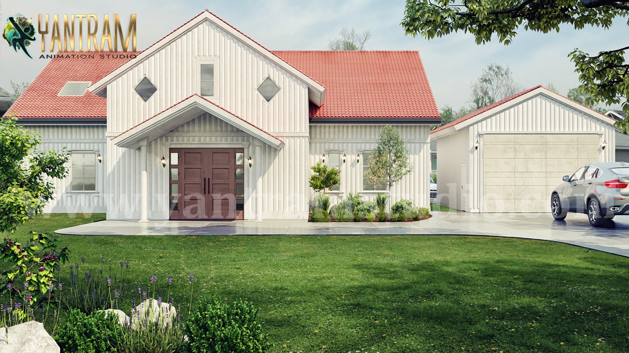 Farmhouse exterior rendering services with Frontyard Landscape Design.jpg -  by Yantramarchitecturaldesignstudio
