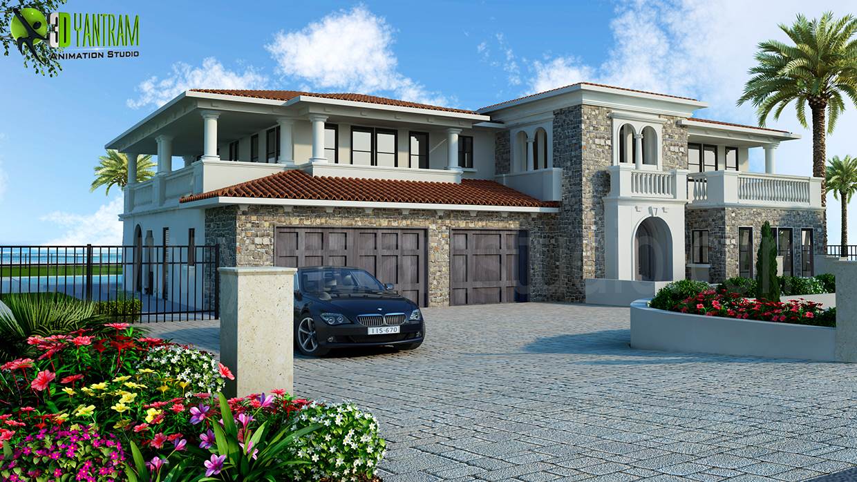 Luxurious Home Exterior Design Rendering - We design realistic 3D Architectural Rendering and CGI views. Our 3D exterior rendering will visualize and built your project model on online portfolios and paper presentations even before the actual construction begin. Yantram Architectural Studio is one by Yantramarchitecturaldesignstudio