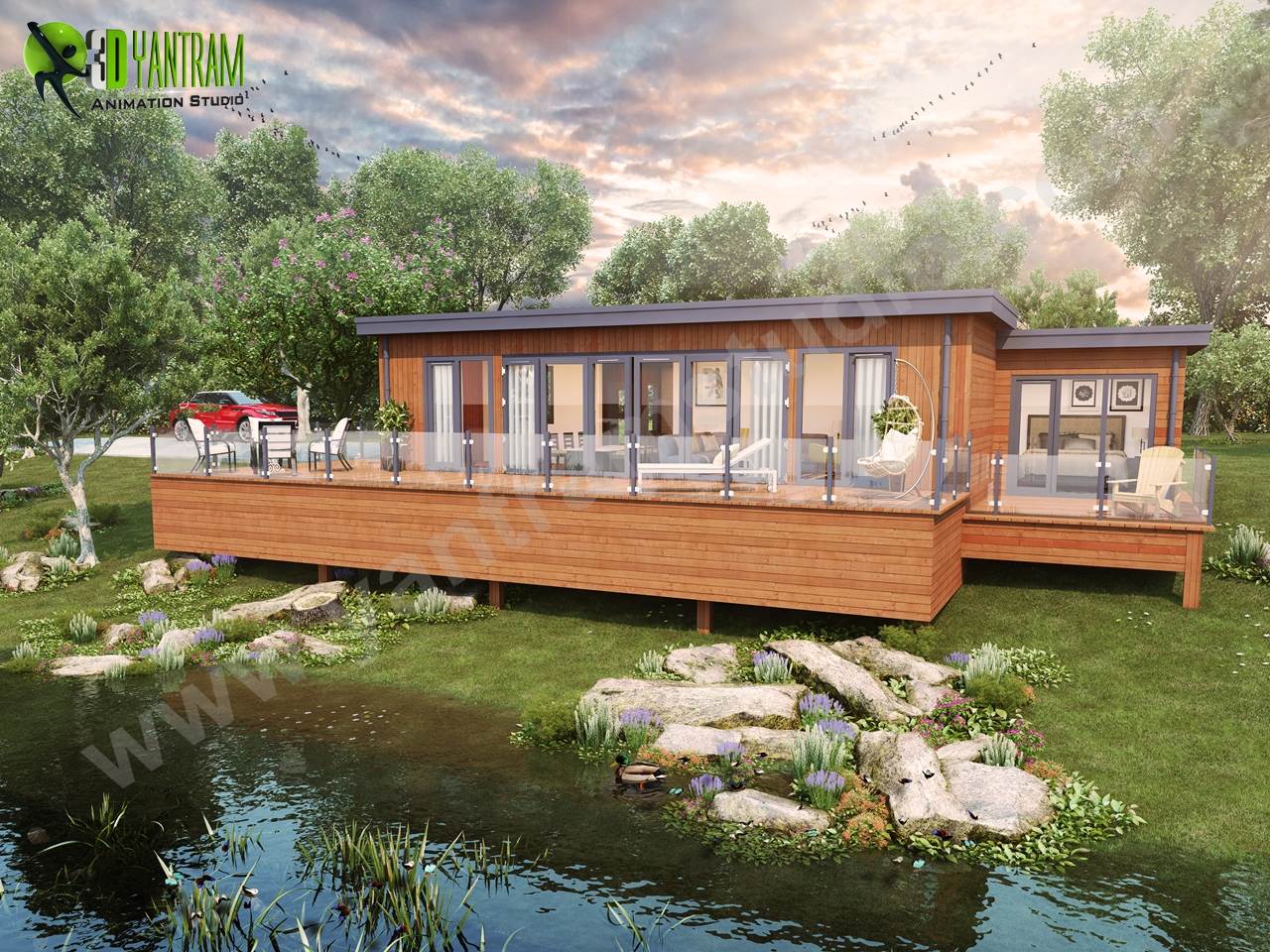 Lodge Architectural Rendering with Natural Landscape \x26 Pond \u2013 Creative ideas - Lodge Exterior Rendering with Natural Landscape & Pond - Creative ideas by Architectural Visualization Companies. visualization company, rendering service, 3d rendering, firms, visualization, photorealistic, designers, cgi architecture, 3d exterior house  by Yantramarchitecturaldesignstudio