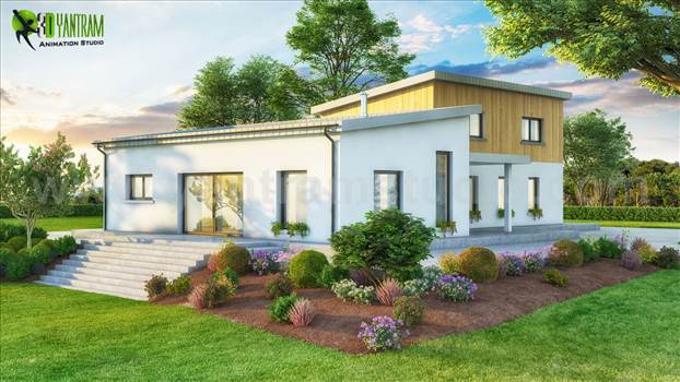 3D Exterior Small House of Rendering Services, UK - Project 34 : 3D Exterior Small Pod House 
Client : 928 - Barry 
Location : London - UK 

3D Exterior Small Pod House of Rendering Services with around Greenery, Entrance door & windows design with Glass & front of a house some playing area available -
