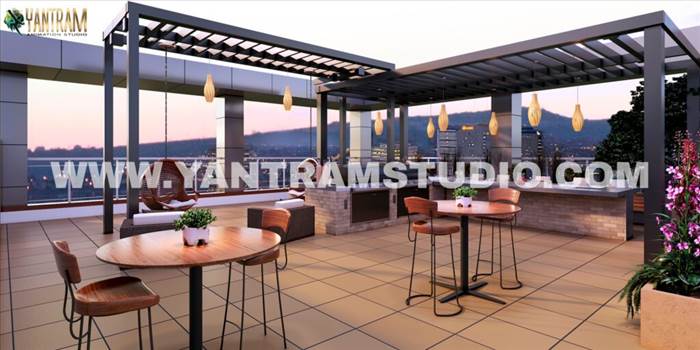 3D Architectural Design Service Rajkot - This slick 3D Interior Rendering design of a terrace restaurant is created by Yantram 3D Architectural Design Service Rajkot. The structure and positioning make the restaurant look very chic. 3D Interior Rendering helps the restaurant by focusing on very 