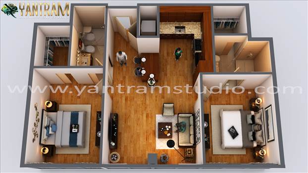 3d floor plan design of Residential apartment - This 3d floor plan design have living room, 2 master bedrooms, laundry room, kitchen. This 3d floor plan design of Residential Apartment with 2 master bedroom features bed, furniture ,bathroom , living room with sofa, table,  tv by architectural design st