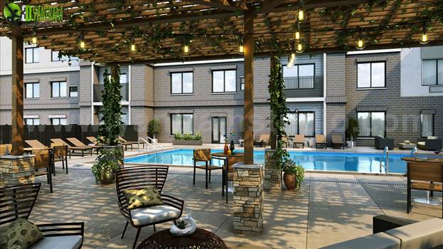3D Exterior Rendering of Courtyard & Pool View, UK - Backyard pools are an integral part of the London, U.K outdo
