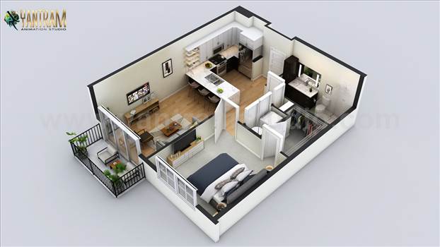 3d home floor plan design  by Austin, Texas - for more:  http://www.yantramstudio.com/3d-floor-plan.html 
This one bedroom features an incredibly large walk-in closet, modern L-shaped kitchen with Virtual Floor Plan Designer , a functional island/breakfast bar, good natural light, plus laundry, pant