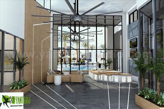 Interior Rendering of Club House Lobby View - This is the Interior Reception Lobby View with Sunrise, Dashing Entrance gate with Modern Facilities, sitting space are available for Wait, Front of Entrance gate we can see a Pool Ideas by Yantaram Architectural Visualisation Studio.