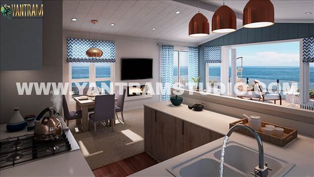 3d interior design of amazing kitchen living room - amazing 3d interior design idea of kitchen living room design by Architectural Visualisation Studio, Space-saving tricks to combine kitchen &amp; living room into a modern place by interior design studio. spacious dining area &amp; balcony with beautiful 