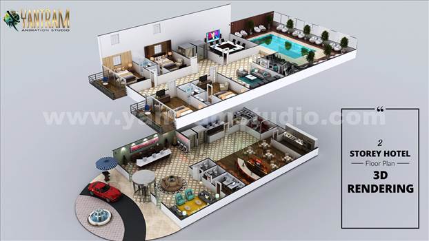 Grand Hotel by 3d floor plan design service - This 3D Floor Plan Can Be Defined As Best Virtual Model Of 2 Storey Hotel by 3d floor plan design services, San Diego, California. It Is Often Used To Better Convey Architectural Modeling Firm To Individual Not Familiar With Floor Plan. In this concept of