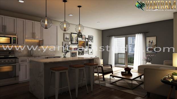 3d interior visualization by Denver, Colorado - 3d interior visualization For Unique Living Room with Kitchen area concept of interior design firms by architectural rendering company.The setup idea is very popular by architectural design home plans. You must use the 3d interior designers of architectur